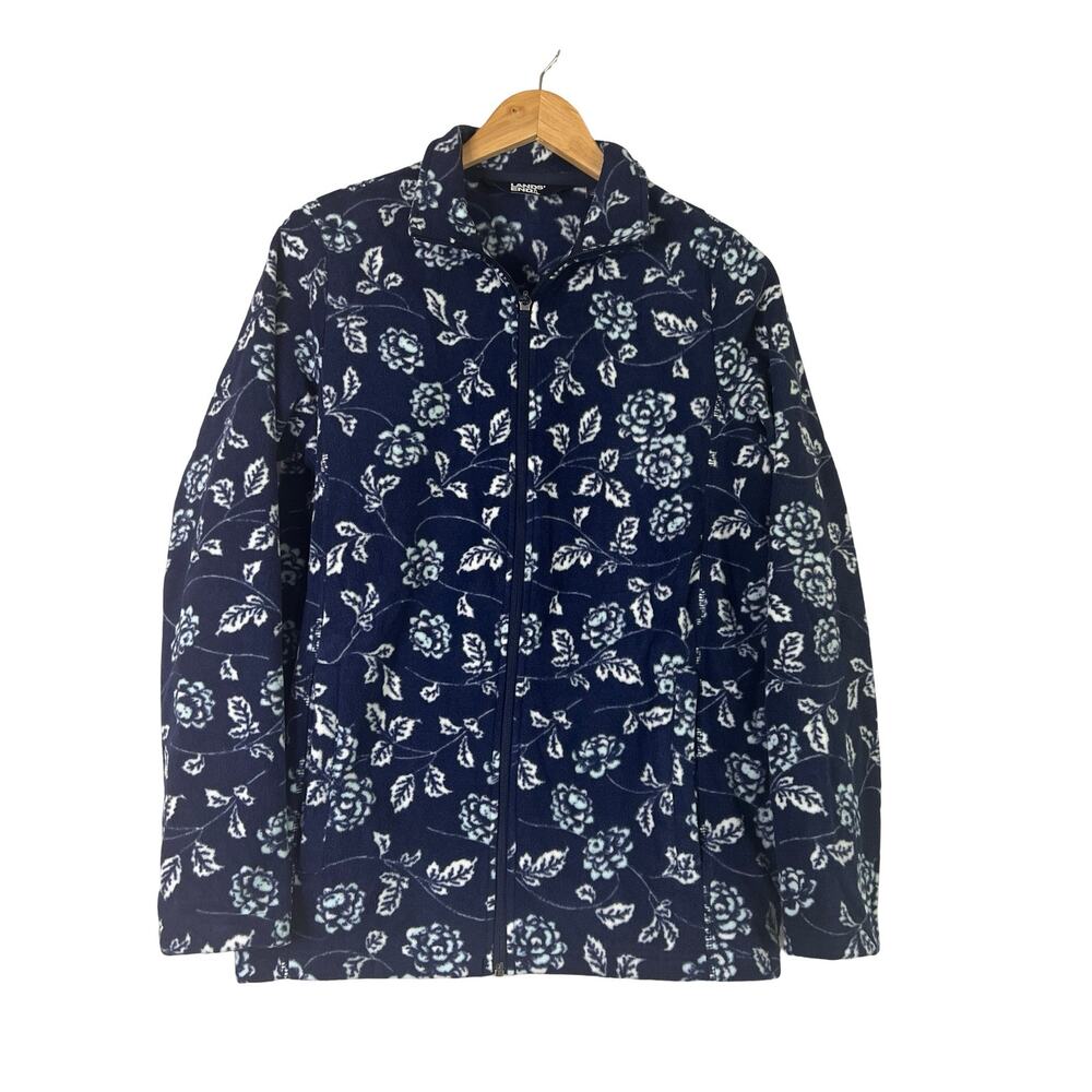 A611061 LANDS' END Full Zip Front Fleece Jacket Navy Floral S
